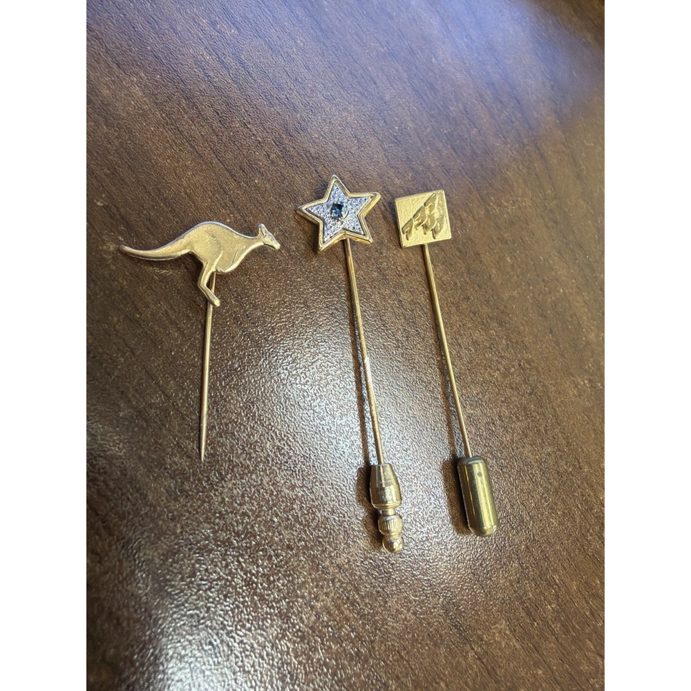 Vintage‎ Stick Pins Lot 3 Kangaroo Avon Star Rhinestone 73.7 Gold Tone